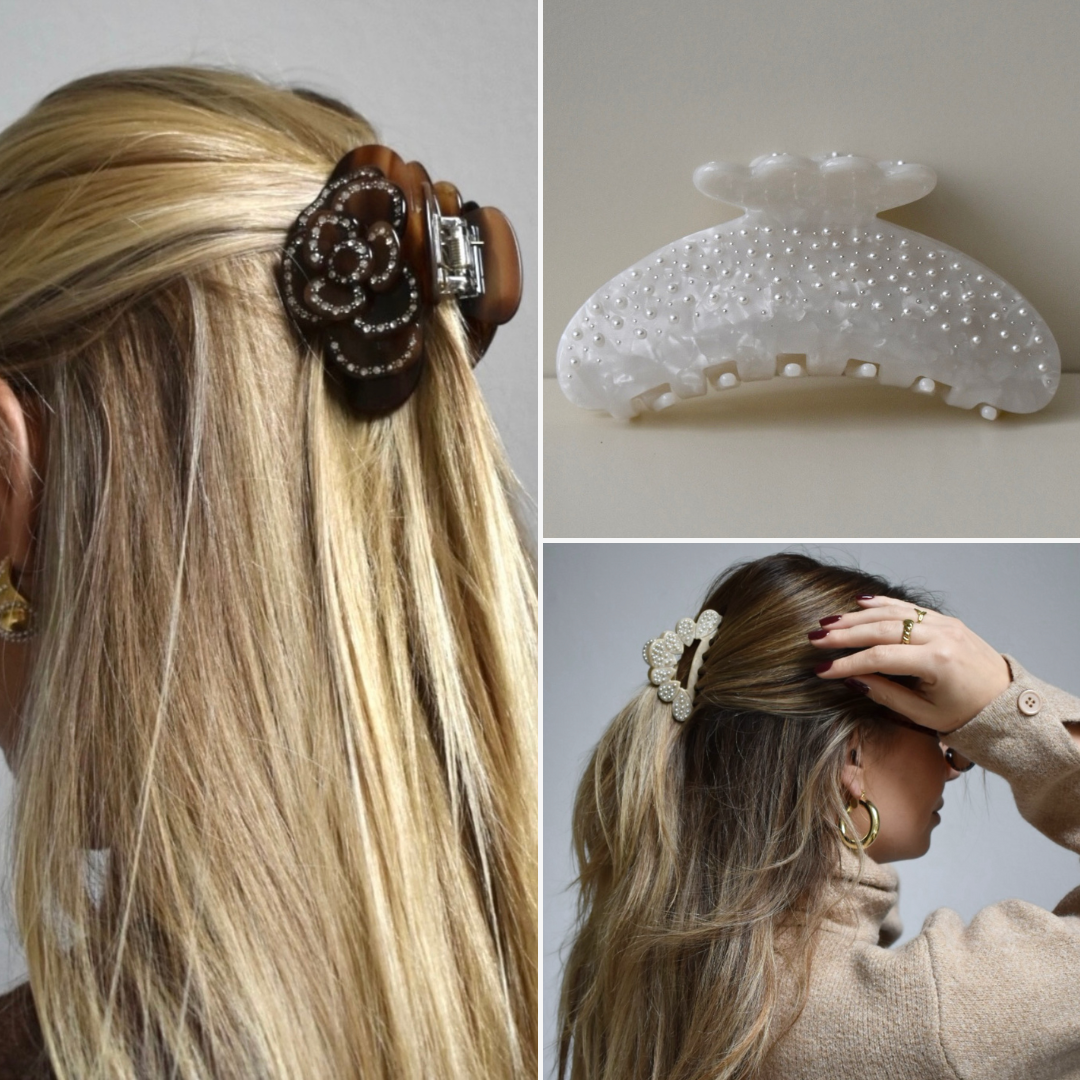 Bundel van drie haarclips – Izzy Clip beige, Sally Clip wit en Rose Clip bruin – gemaakt van duurzaam celluloseacetaat voor ieder haartype