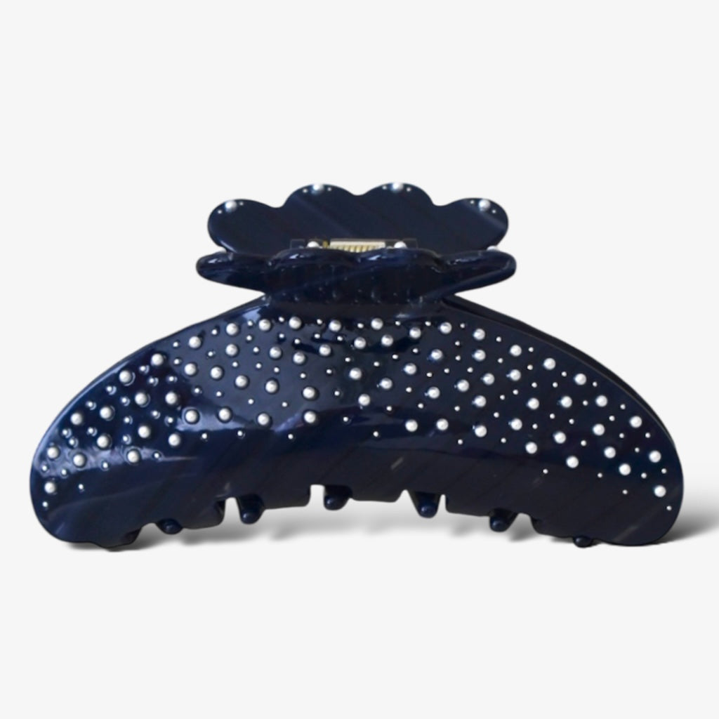 Donkerblauwe haarklem met witte parels – grote acetaat clip voor dik of lang haar