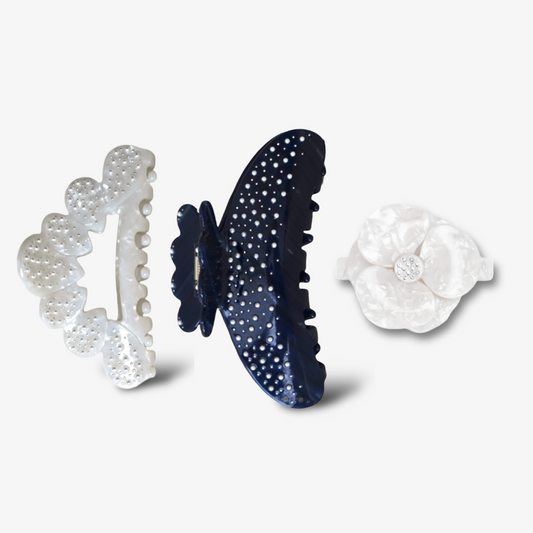 Set van drie celluloseacetaat haarclips in wit en navy, elegant en duurzaam haaraccessoire voor vrouwen