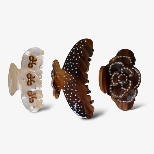 Set van drie haarclips in beige en bruin – Bow Clip, Sally Clip en Rose Clip – gemaakt van duurzaam celluloseacetaat