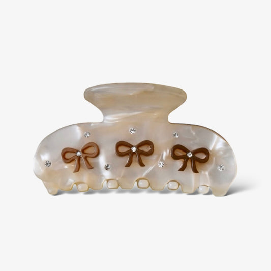 Beige haarclip met bruine strikjes, duurzaam accessoire voor lang en dik haar