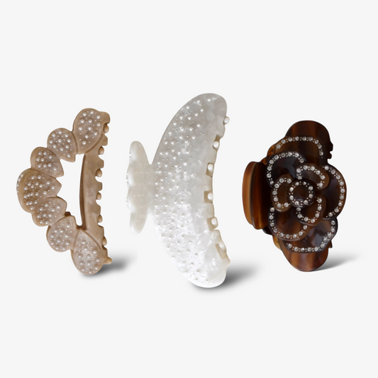 Set van drie haarclips – Izzy Clip beige, Sally Clip wit en Rose Clip bruin – gemaakt van duurzaam celluloseacetaat