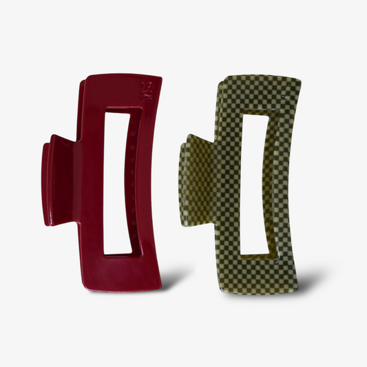 Set van twee XXL haarclips in burgundy en olijfgroen, geschikt voor lang en dik haar